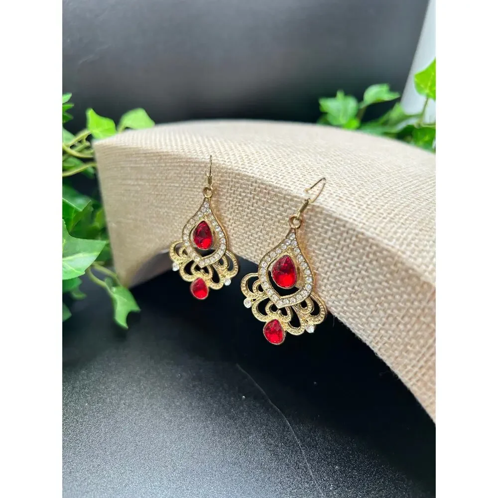 Vintage Gold Tone Red Teardrop Dangle Earrings White Rhinestone Halo Border